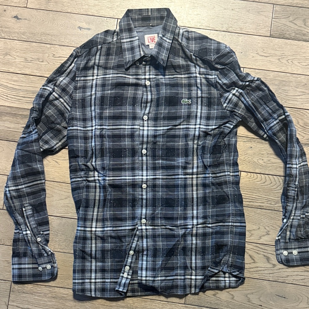 Lacoste Size 38 Men's Grey and Black Plaid Button-Down Shirt